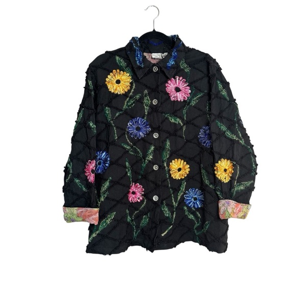 Vintage Roaman's Black Jacket Vibrant Floral Embroidery Yellow Blue Pink Large - Picture 3 of 16